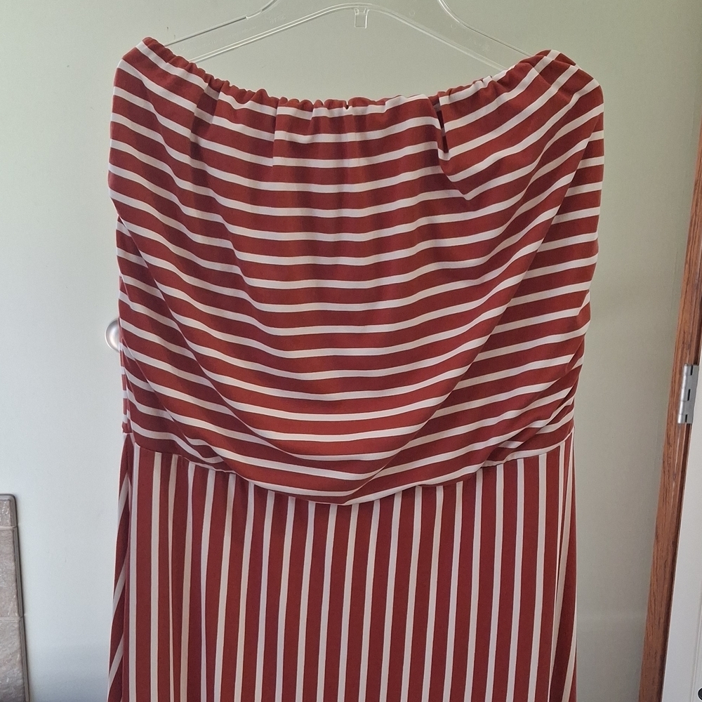 Absolutely Rust and White Striped Strapless Maxi Dress
